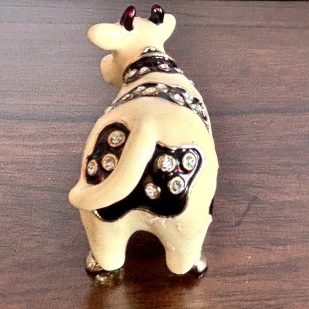 Jeweled Mini Cow Trinket Box Enamel Rhinestone Black White Country Whimsical Vtg